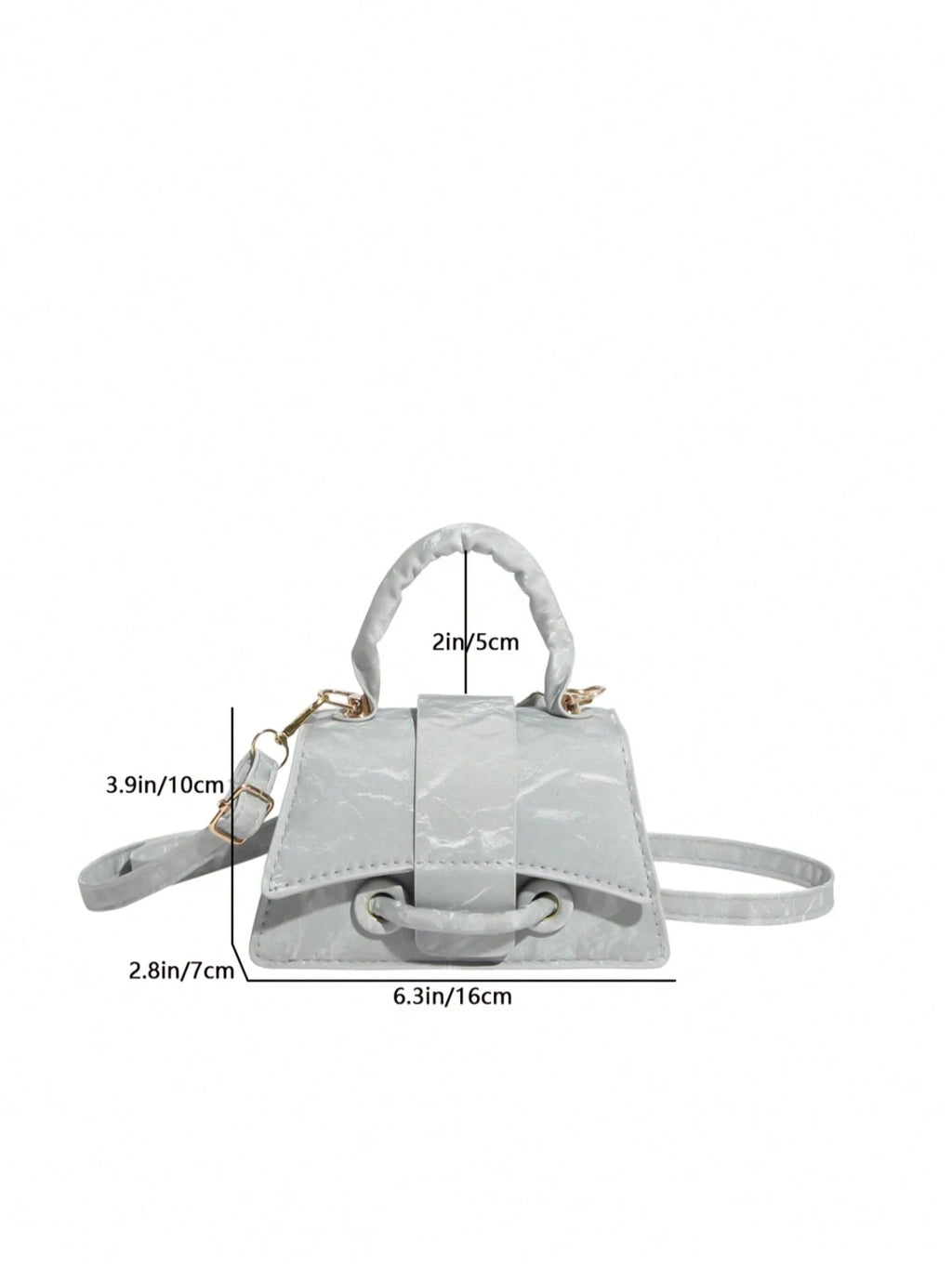 Gray handbag with measurements on a white background