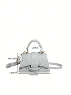 Gray handbag with measurements on a white background