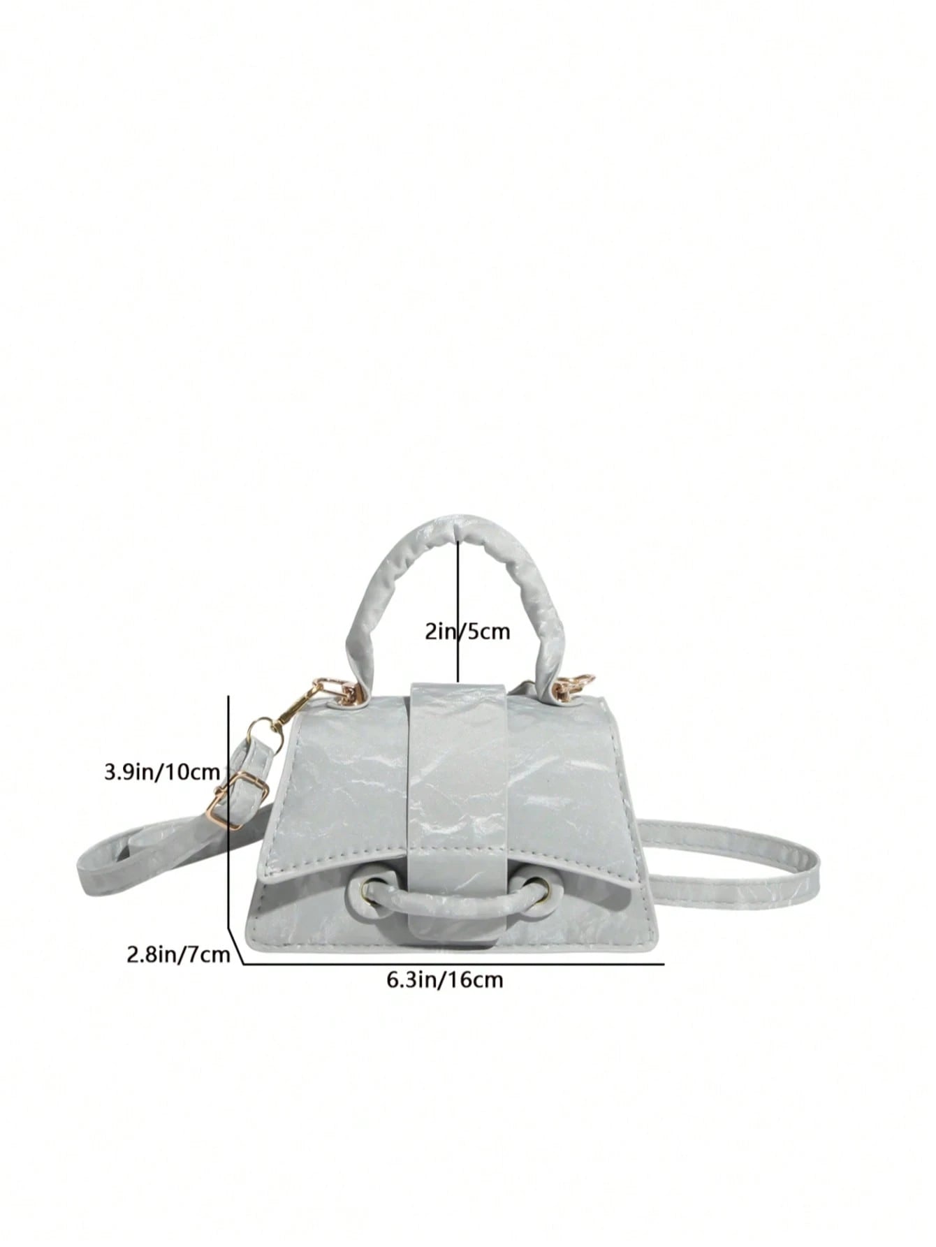 Gray handbag with measurements on a white background