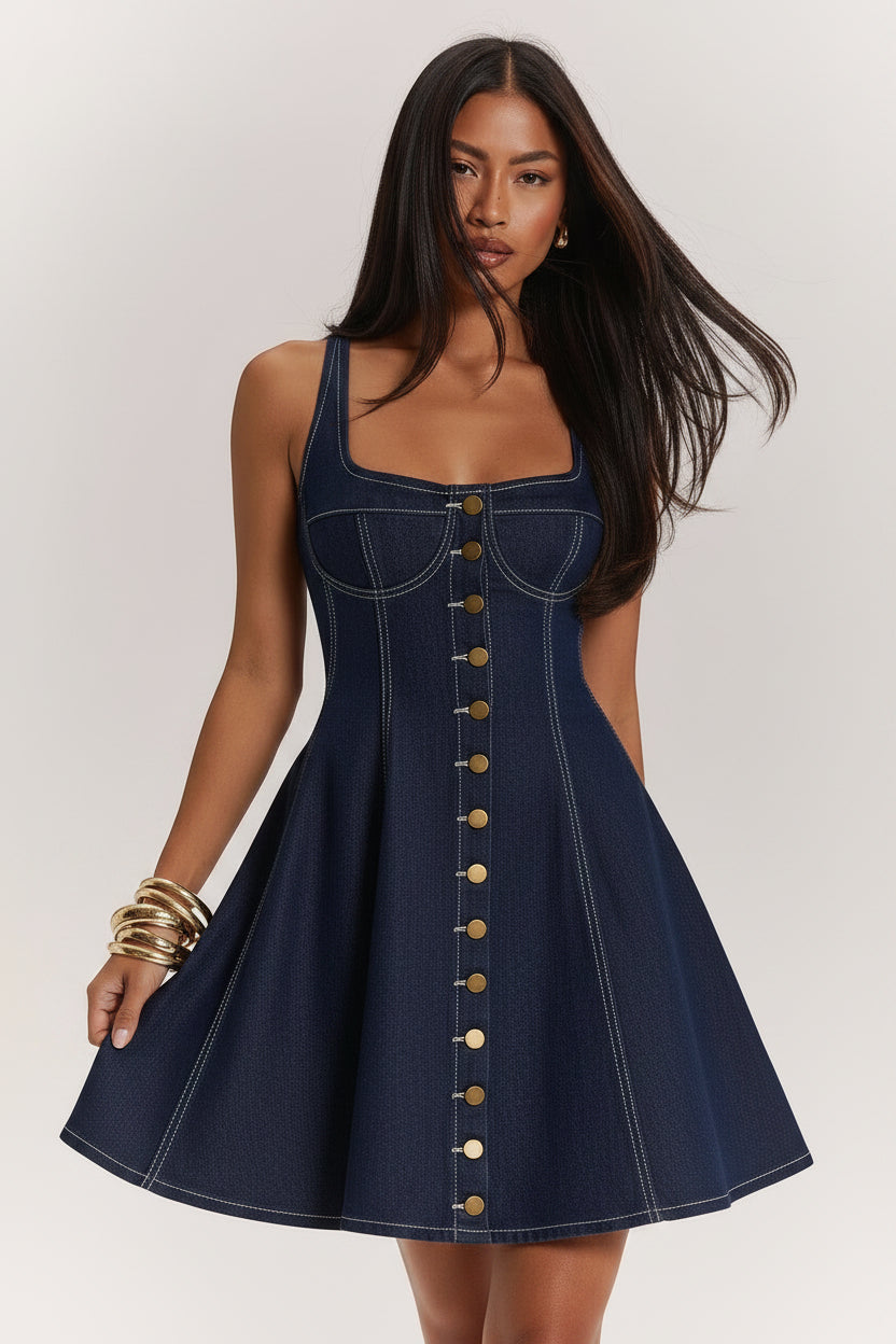 Woman wearing a blue denim dress with button details on a white background