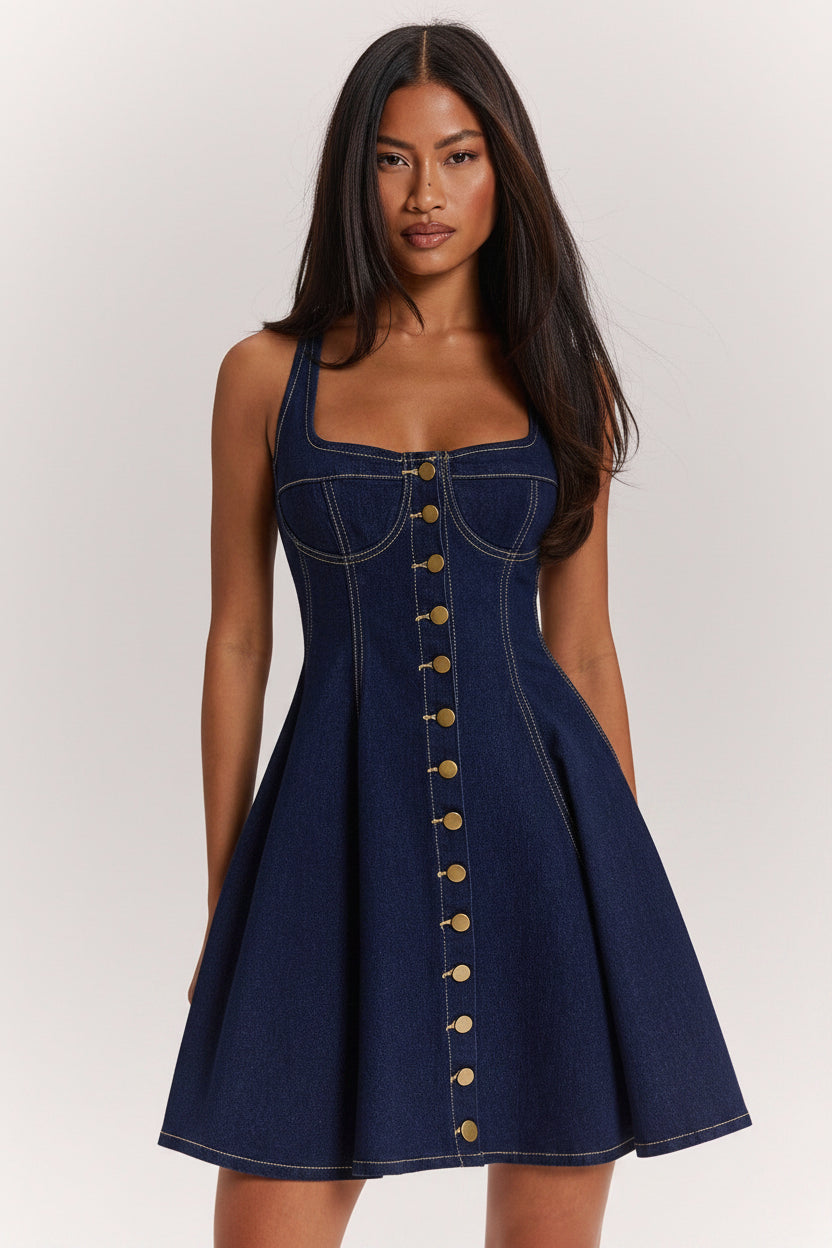 Woman wearing a blue denim dress with gold buttons on a white background