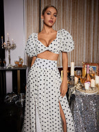 Polka Dot High Waist Slit Top And Pants Two-Piece Set