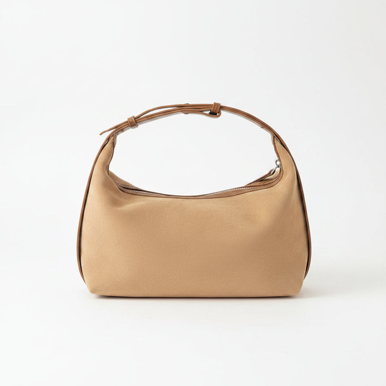Beige handbag with a brown strap on a white background