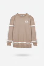 Beige sweatshirt with white accents on a white background