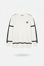 White sweatshirt with white stripes on sleeves and hem, featuring a logo on a white background.