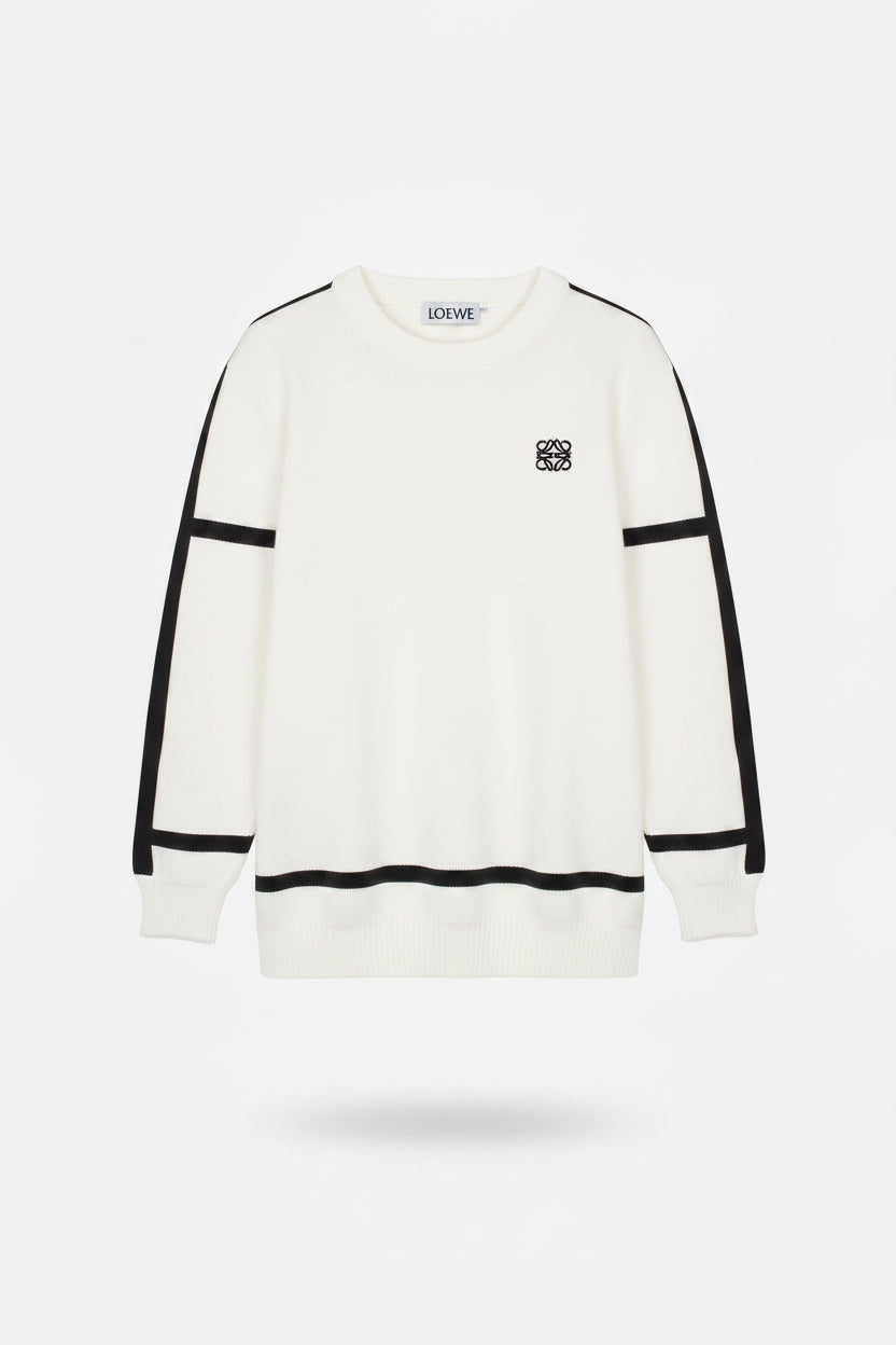 White sweatshirt with white stripes on sleeves and hem, featuring a logo on a white background.