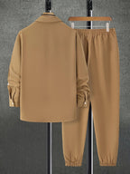 Long Sleeve Shirt Solid Drawstring Pants  Two-piece Sets