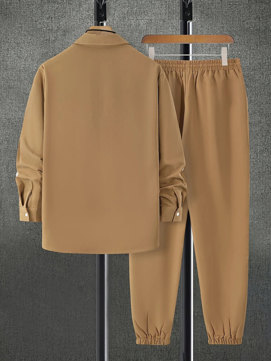 Long Sleeve Shirt Solid Drawstring Pants  Two-piece Sets
