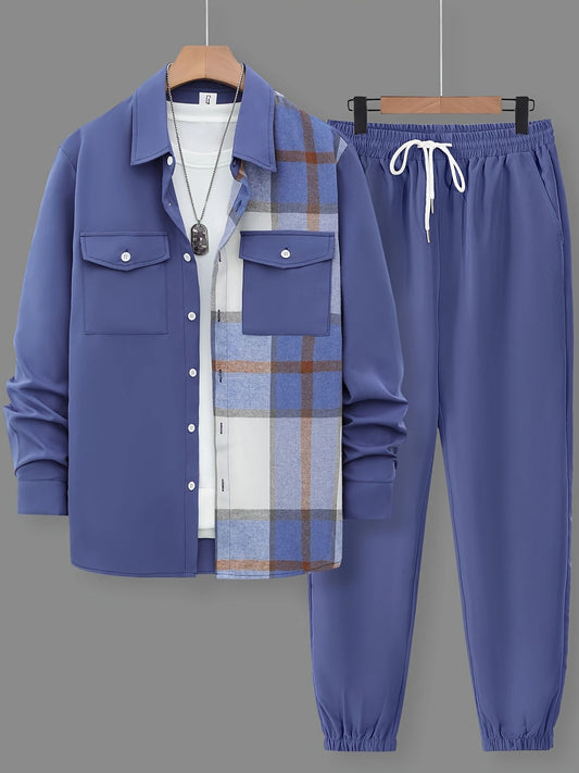 Long Sleeve Shirt Solid Drawstring Pants Two-piece Sets
