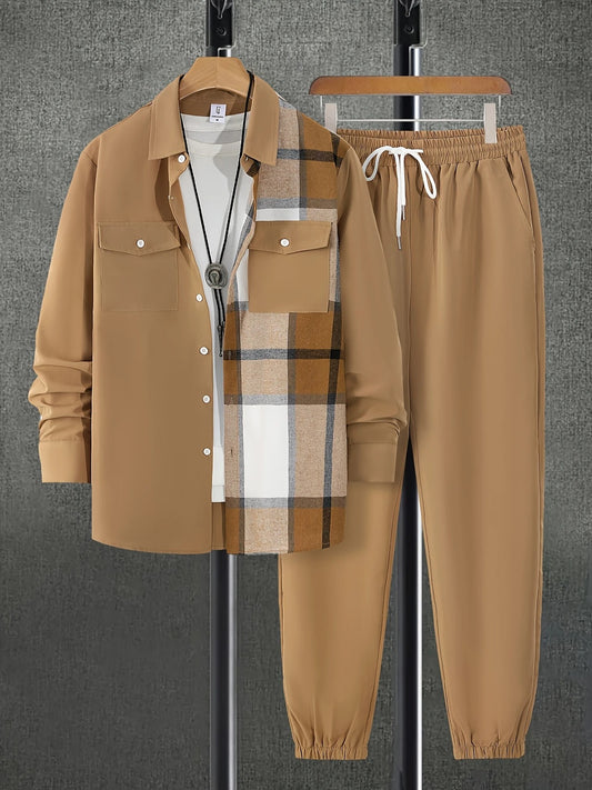 Long Sleeve Shirt Solid Drawstring Pants  Two-piece Sets