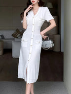 Knit V-Neck Button Short Sleeve Dress
