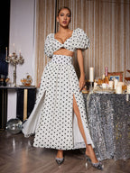 Polka Dot High Waist Slit Top And Pants Two-Piece Set