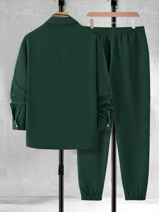 Long Sleeve Shirt Solid Drawstring Pants  Two-piece Set