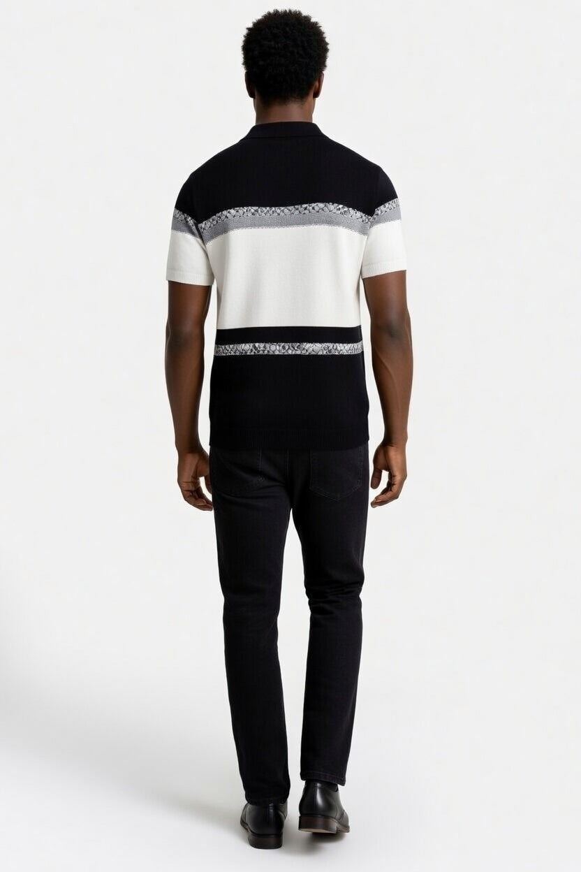 Person wearing a black and white striped shirt with a patterned trim on a white background