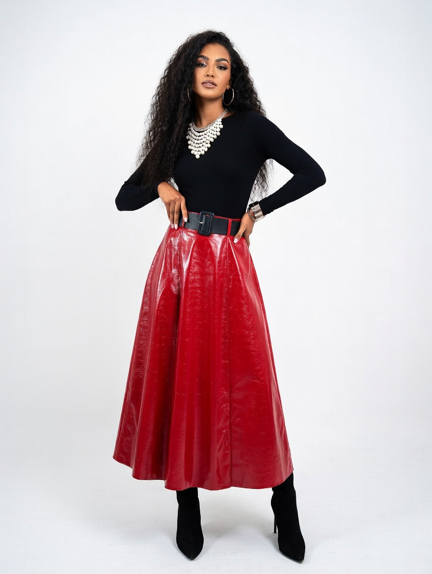 Solid PU Leather Flared Skirt