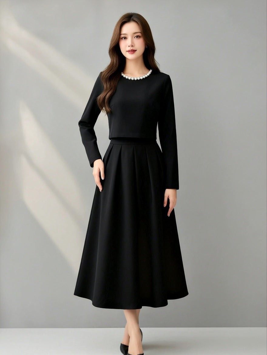 Elegant Commuter Pearl Decor Blouse And Skirt Set