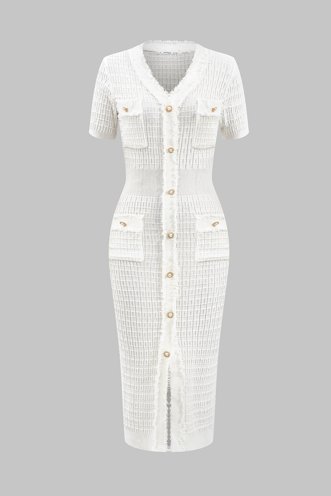 White dress with buttons on a gray background
