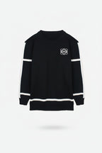 Black sweatshirt with white accents on a white background