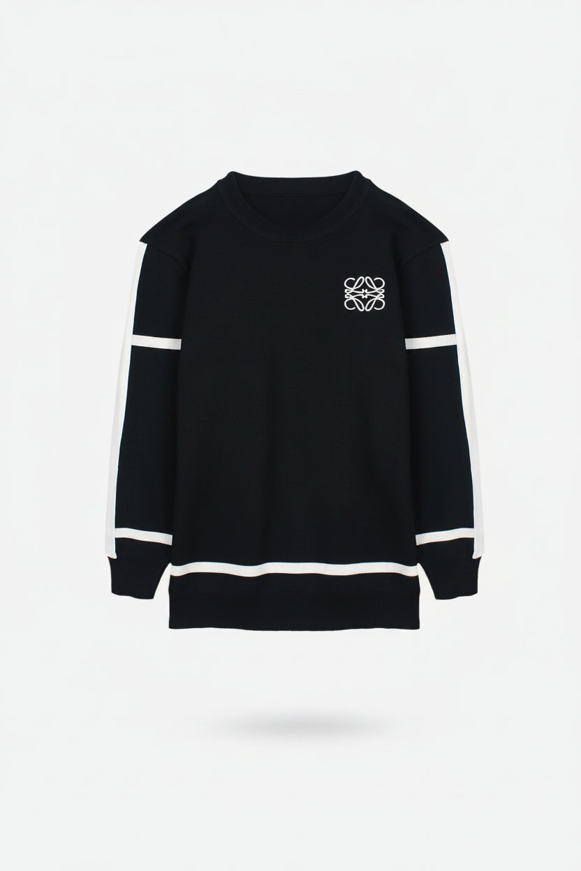 Black sweatshirt with white accents on a white background