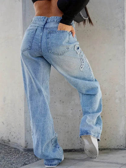 Embroidered Bow Detail Straight-Leg Jeans