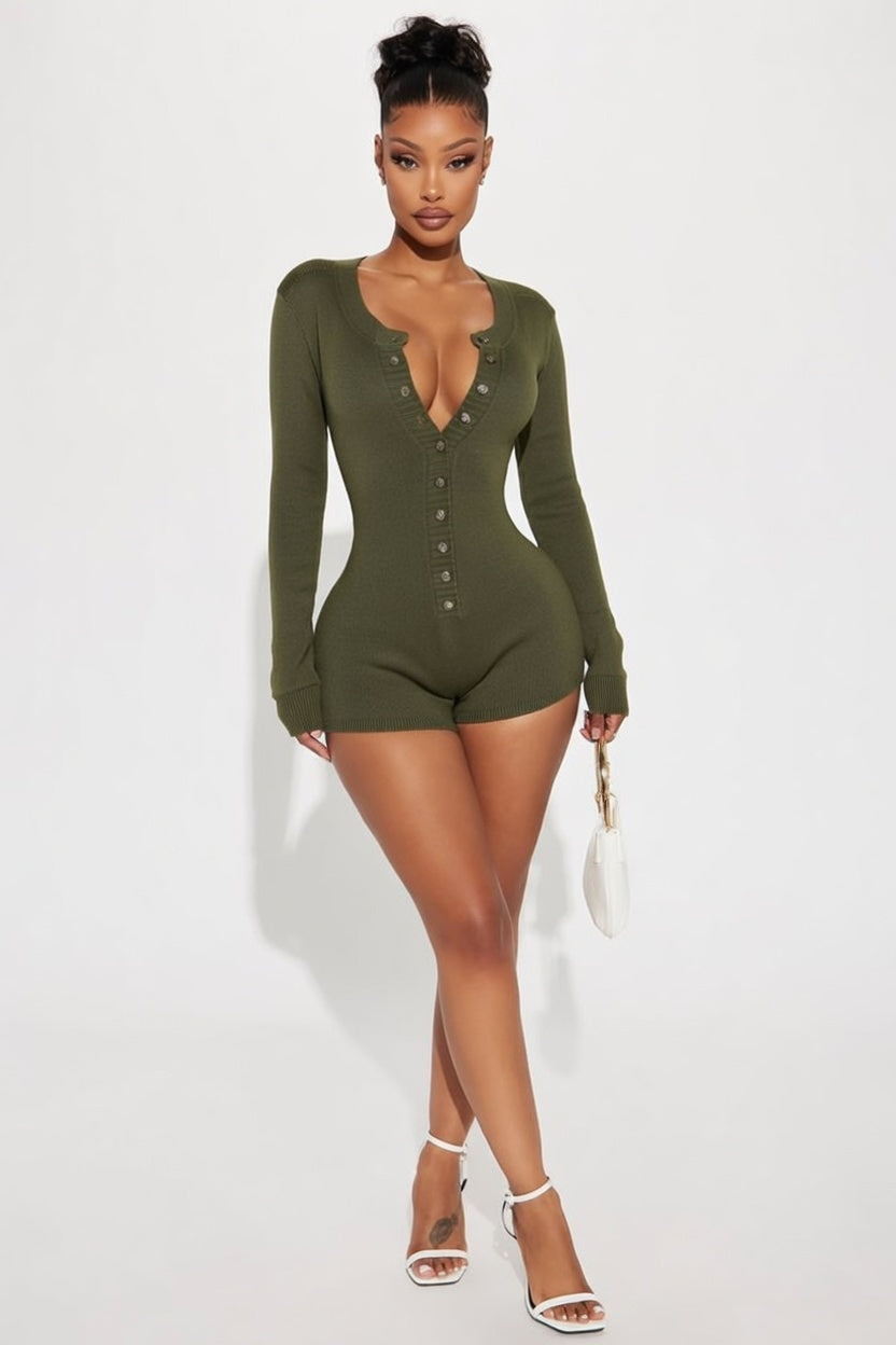 Woman wearing a green bodysuit on a white background