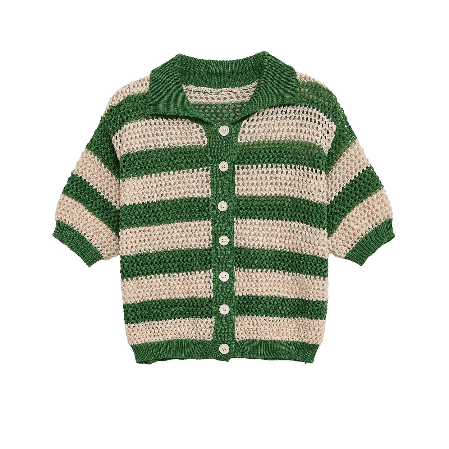 Striped Knit Cardigan Shirt and Knit Shorts Set