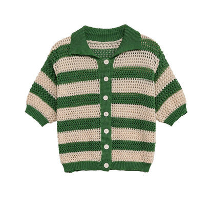Striped Knit Cardigan Shirt and Knit Shorts Set