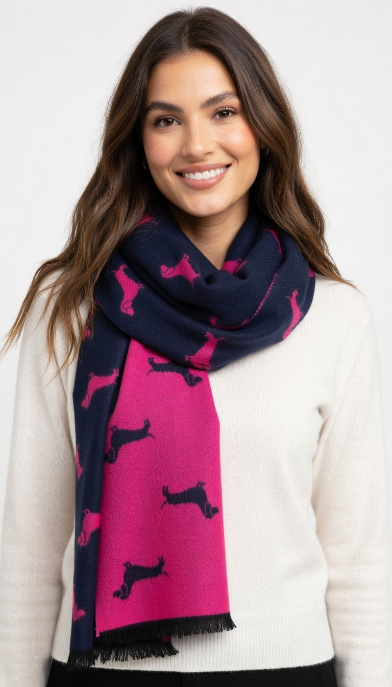 Woman wearing a navy and pink scarf with black dog patterns on a white background