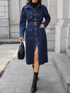 Flap Pocket Belted Denim Coat Dress