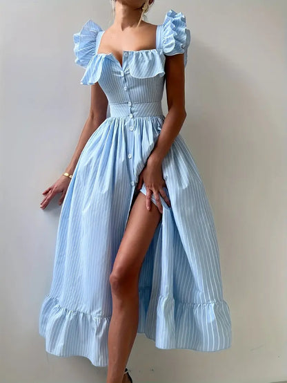 Striped Ruffle Edge Square Neck Dress