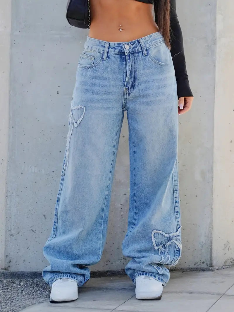 Embroidered Bow Detail Straight-Leg Jeans