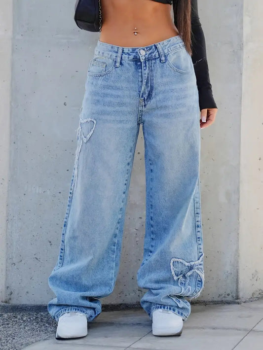 Embroidered Bow Detail Straight-Leg Jeans