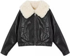 Black leather jacket with white fur collar on a white background