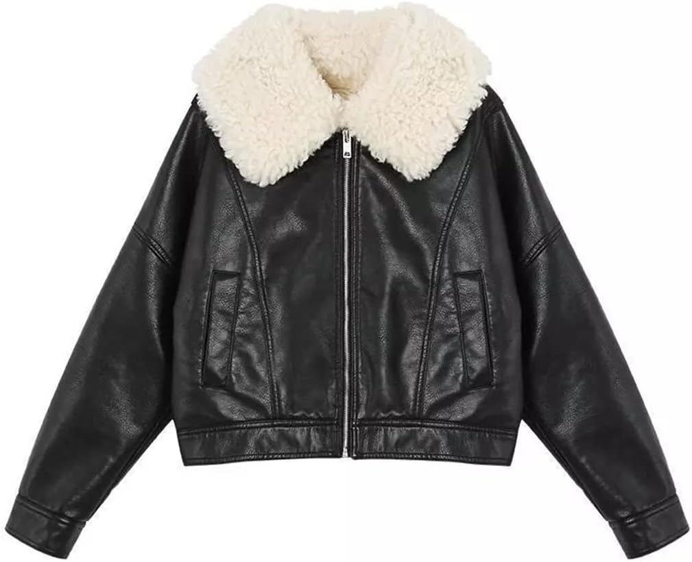 Black leather jacket with white fur collar on a white background