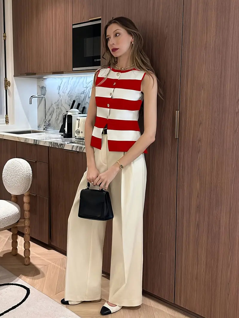Stripe Asymmetrical Round Neck Fitted Knit Top