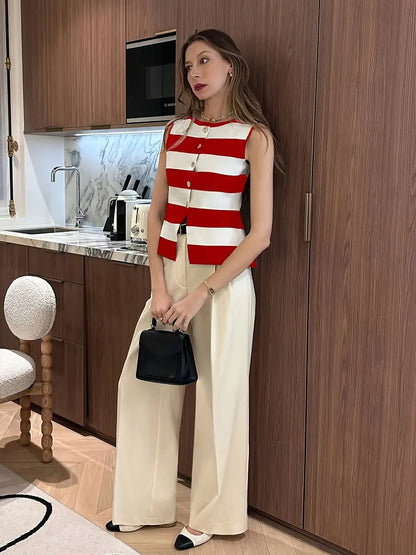 Stripe Asymmetrical Round Neck Fitted Knit Top