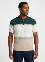 Man wearing a green and beige striped polo shirt on a white background