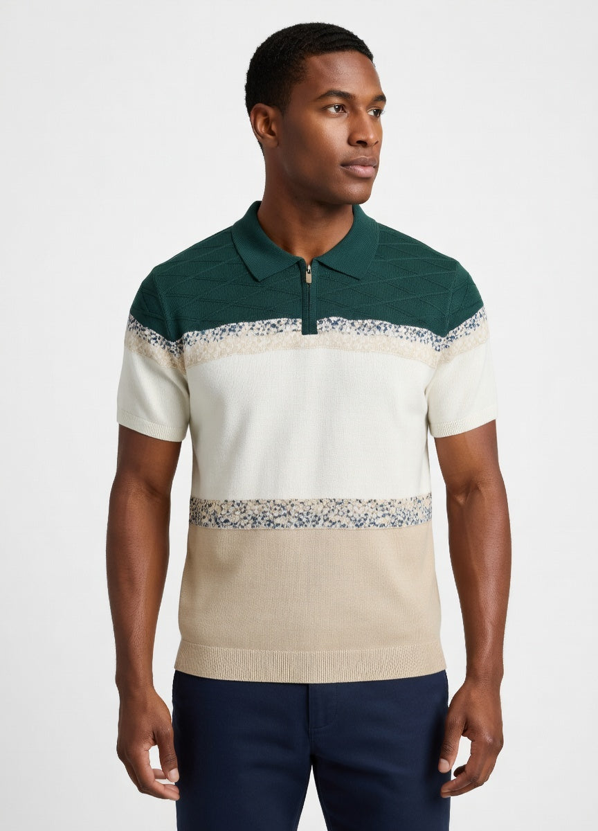 Man wearing a green and beige striped polo shirt on a white background