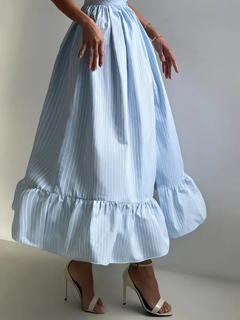 Striped Ruffle Edge Square Neck Dress