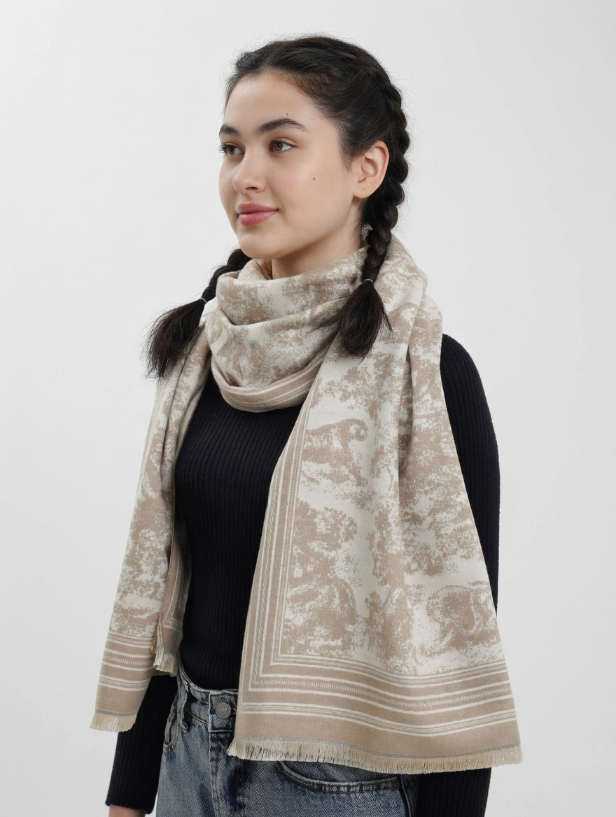 Woman wearing a beige patterned scarf on a white background