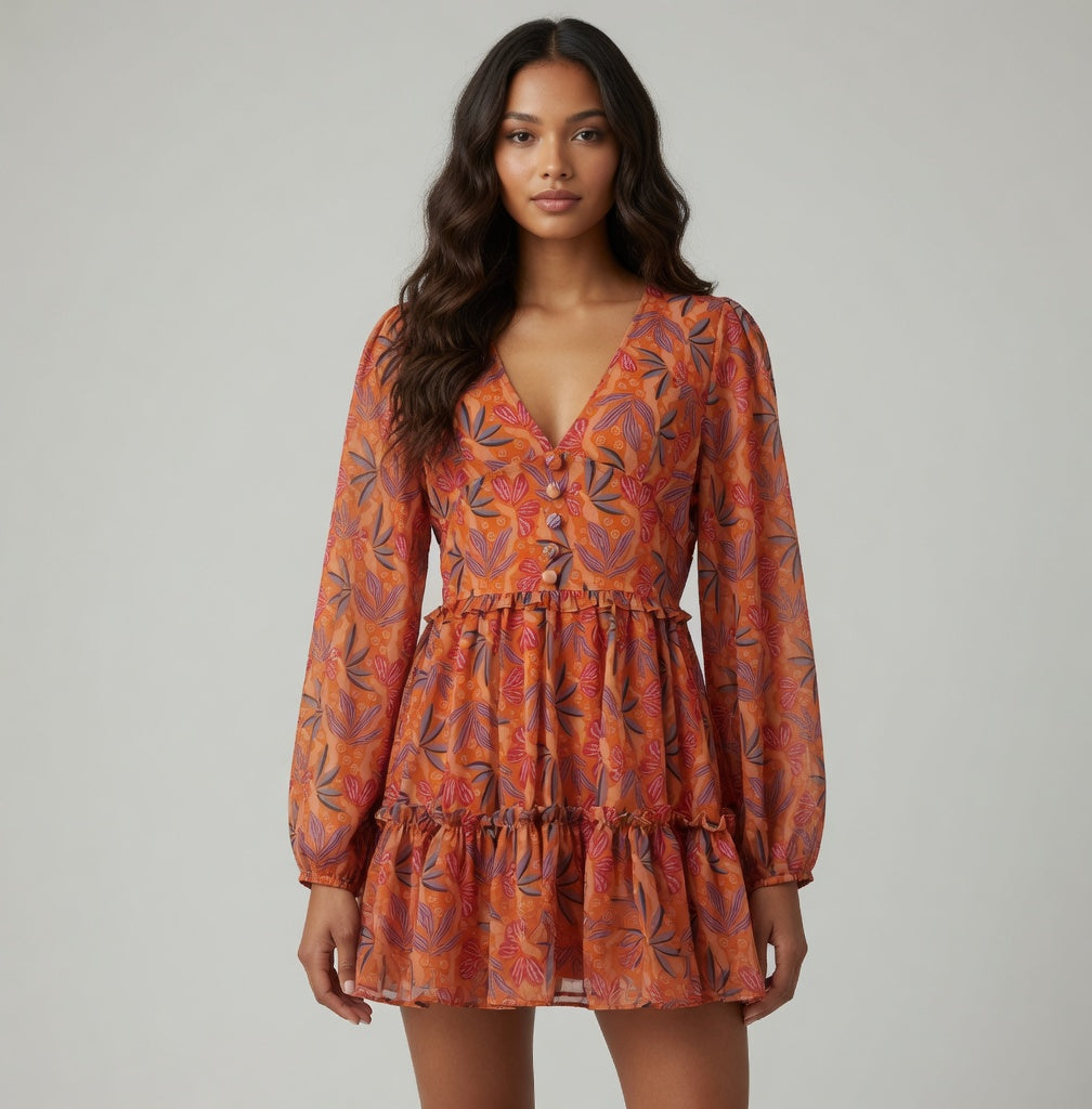 Woman wearing an orange patterned dress against a plain background