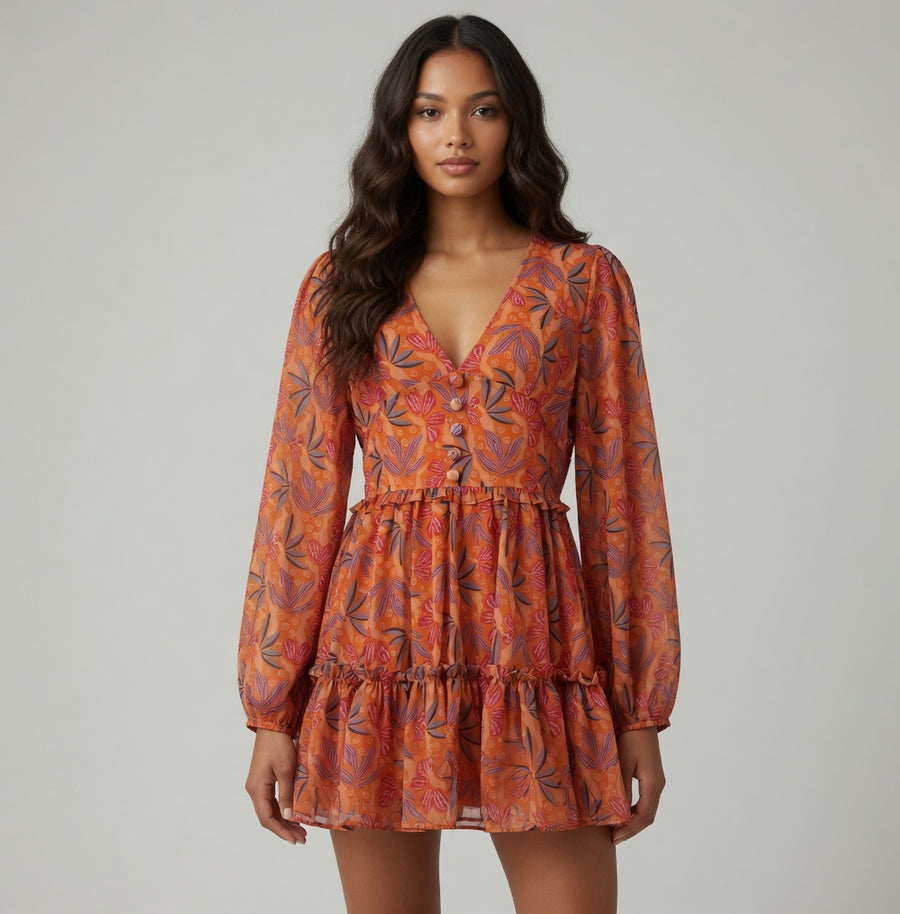 V-neck High Waist Long Sleeve Dresses