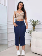 High-Waisted Midi Denim Skirt