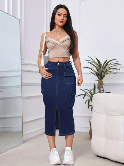 High-Waisted Midi Denim Skirt