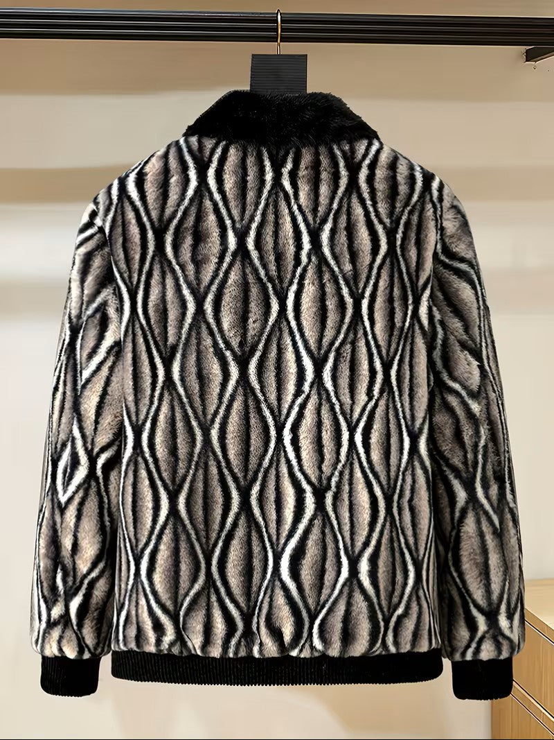 Patterned jacket with black collar hanging on a rack against a neutral background