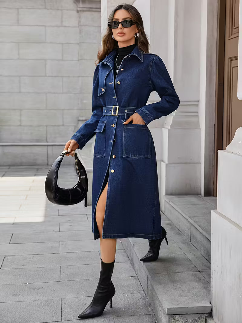 Flap Pocket Belted Denim Coat Dress