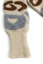 Knitted mittens with brown, gray, and beige colors on a white background