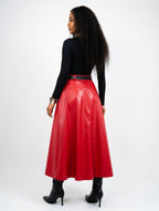 Solid PU Leather Flared Skirt