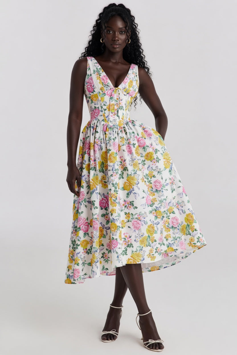 Woman wearing a floral dress on a white background