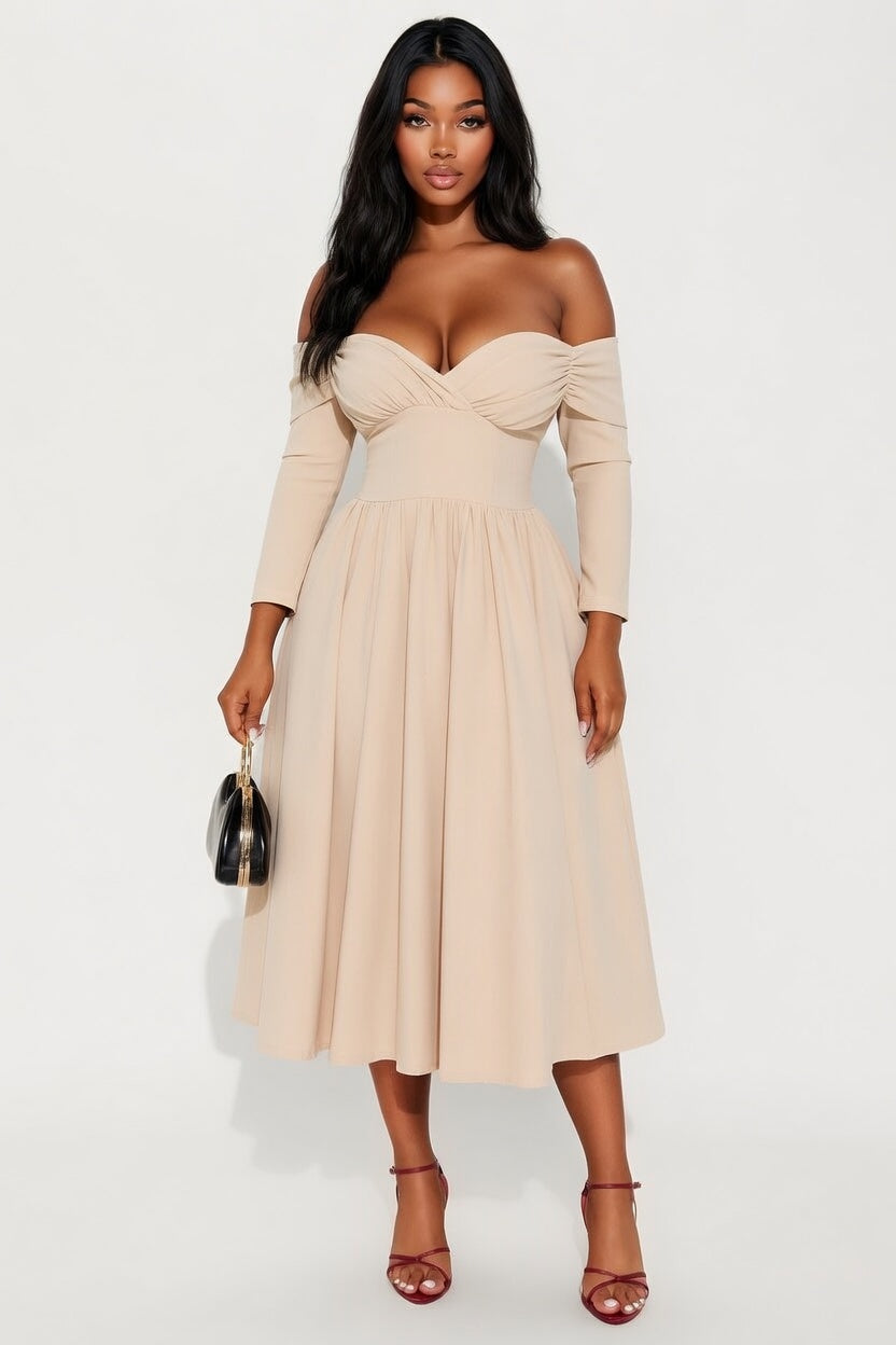 Off Shoulder Crepe Knit Midi Dress